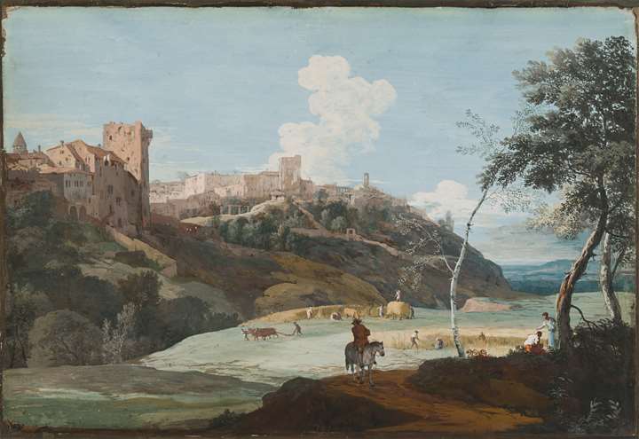 Summer Landscape with an Italian Hill Town and Grain Harvesters